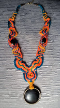 Load image into Gallery viewer, Macrame necklace coral teal yellow wood
