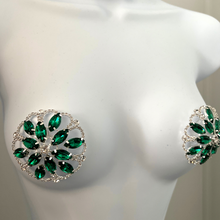 Load image into Gallery viewer, JADE IN HEAVEN - Rhinestone &amp; Emerald Floral Shape Nipple Pasties (2 pcs), Covers for Festivals, Carnival Raves Burlesque Lingerie

