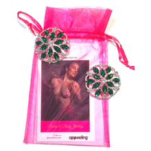 Load image into Gallery viewer, JADE IN HEAVEN - Rhinestone &amp; Emerald Floral Shape Nipple Pasties (2 pcs), Covers for Festivals, Carnival Raves Burlesque Lingerie

