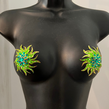 Load image into Gallery viewer, RACY STACY Foil w Crystal Intricate Design Gold Nipple Pasties, Covers for Festivals, Carnival Raves Burlesque Lingerie
