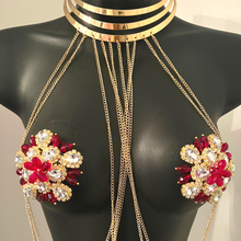 Load image into Gallery viewer, ROSY CHEEKS - Rhinestone &amp; Ruby Floral Shape Nipple Pasties, Covers for Festivals, Carnival Raves Burlesque Lingerie
