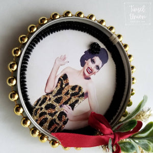 Handmade glittered Bianca Del Rio, RuPaul&#39;s Drag Race, leopard print Christmas ornament, drag queen, glitter art, fan art, gift