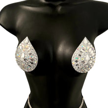 Load image into Gallery viewer, LADY GODIVA Glitter and Gem Silver &amp; Iridescent Teardrop Nipple Pasty, Cover for Lingerie Festivals Carnival Burlesque Rave
