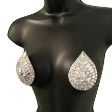 Load image into Gallery viewer, LADY GODIVA Glitter and Gem Silver &amp; Iridescent Teardrop Nipple Pasty, Cover for Lingerie Festivals Carnival Burlesque Rave
