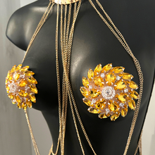 Load image into Gallery viewer, VENUS LA DOLL - Yellow Gem &amp; Rhinestone Floral Shape Nipple Pasties (2 pcs), Covers for Festivals, Carnival Raves Burlesque Lingerie

