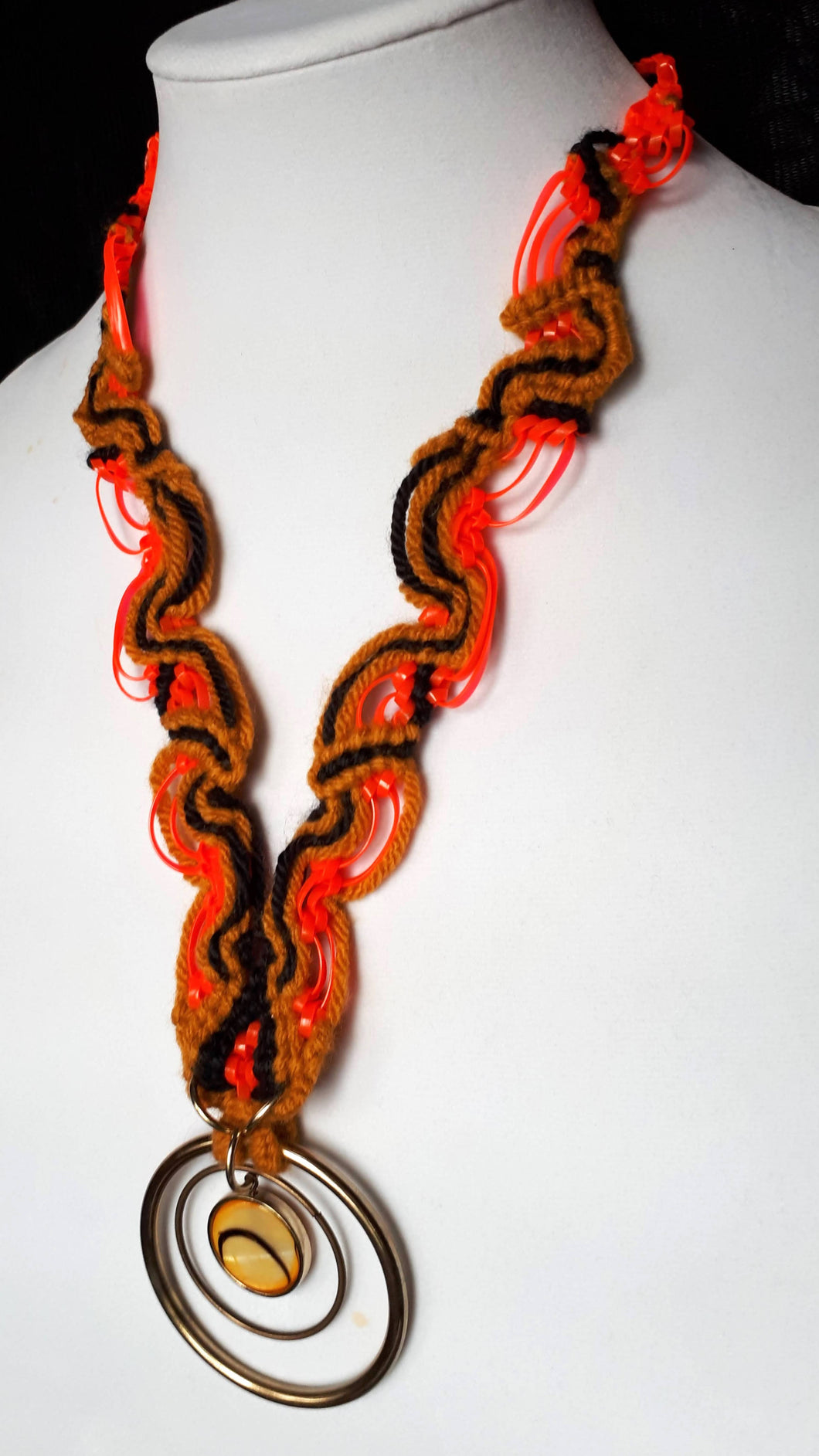Macrame necklace black yellow neon pink plastic lace