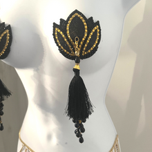 Load image into Gallery viewer, LOLITAS LUST Black and Gold Lotus Design Glitter &amp; Gem, Nipple Cover (2pcs) Pasties w/Removable Tassels for Lingerie Carnival Burlesque Rave
