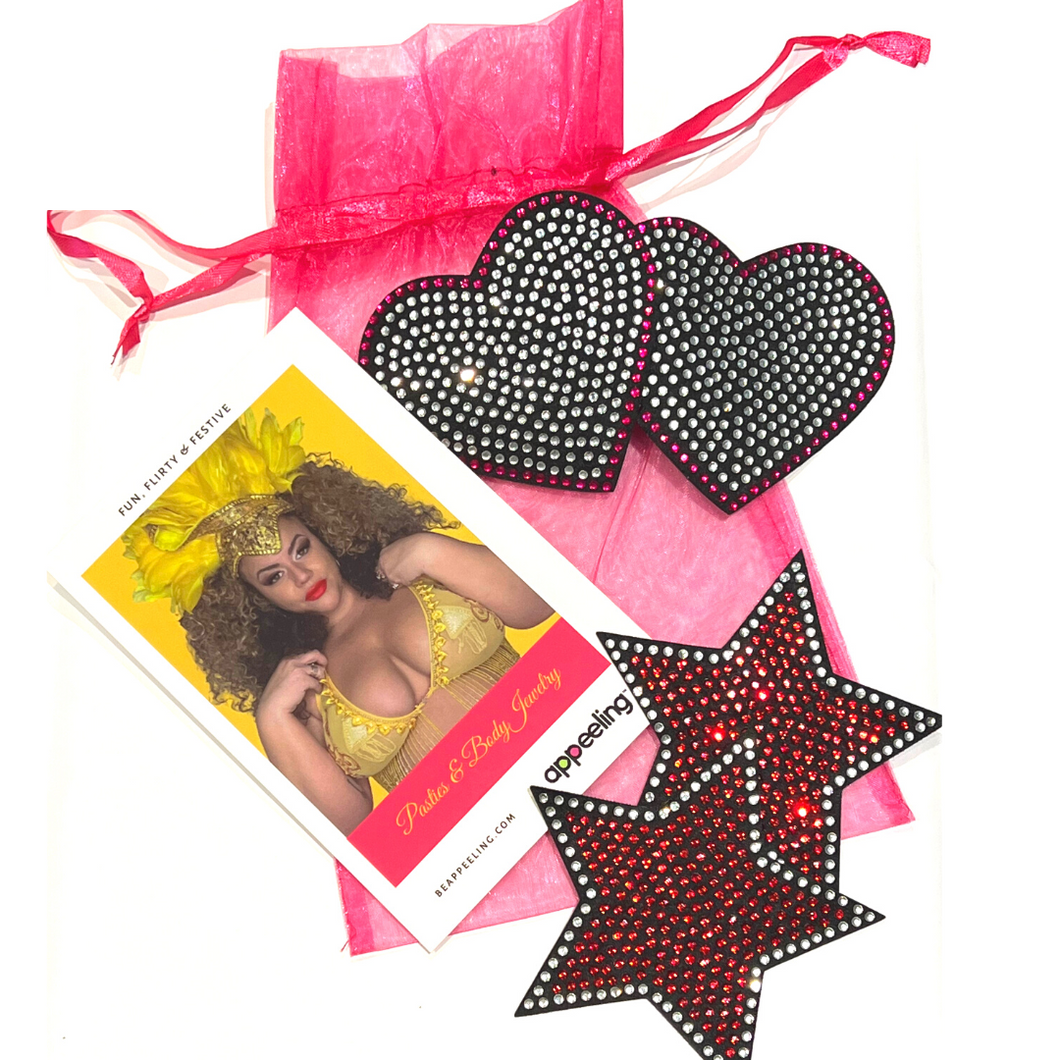 ROCK STAR BUNDLE - 2 Pairs of Reusable Crystal Heart Nipple Pasties, Covers (4pcs) for Burlesque Raves Lingerie and Festivals