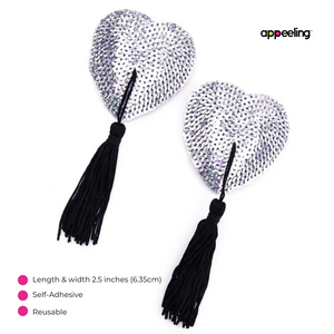 BLUE ICE 2 Pairs of Reusable Sequin Heart Nipple Pasties, Covers Tassels (4pcs) for Burlesque Raves Lingerie and Festivals