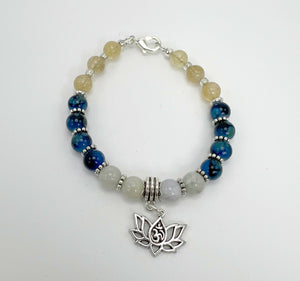 Citrine, Amazonite and Blue Glass Beads with Silver Om Charm Mala Bracelet