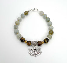 Load image into Gallery viewer, Amazonite and Tiger&#39;s Eye with Silver Om Charm Mala Bracelet
