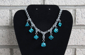 Silver and Teal D&D Dice Drop Chainmaille Necklace