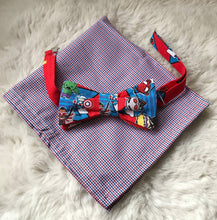 Load image into Gallery viewer, Cute Avengers Bow Tie with Plaid Pocket Square
