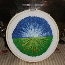 Load image into Gallery viewer, Hand embroidered modern landscape art of a blue sky and green meadow with orange flowers
