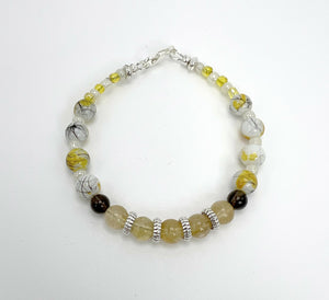 Citrine, Smokey Quartz and White Glass Beads with Silver Om Charm Mala Bracelet