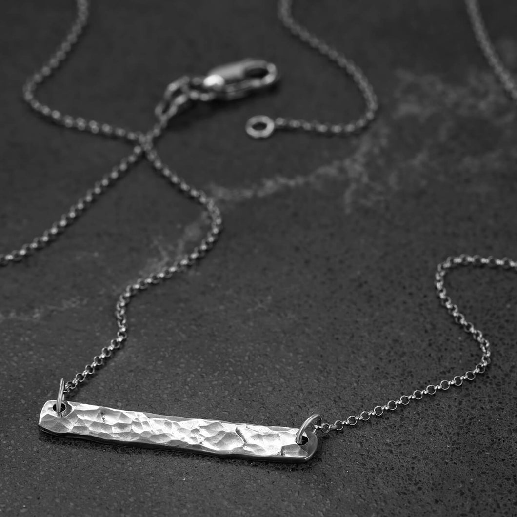 Hammer Finished Bar Necklace in Sterling Silver