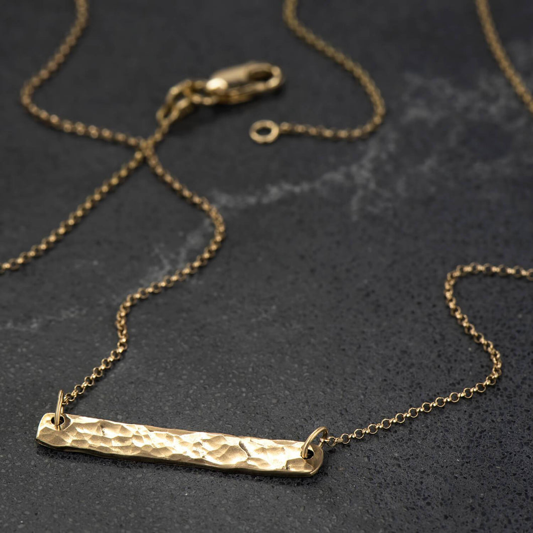 Hammer Finished Bar Necklace in Yellow Gold
