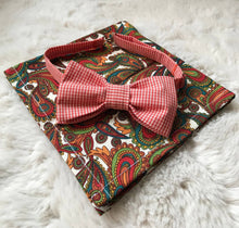 Load image into Gallery viewer, Orange Gingham Bow Tie with Paisley Pocket Square
