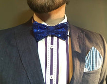 Load image into Gallery viewer, Blue Sequin Bow Tie with Checked Pocket Square
