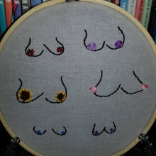 Load image into Gallery viewer, Hand embroidered flowers and boobs art hoop

