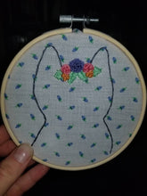 Load image into Gallery viewer, Hand embroidered floral cat silhouette with flower crown hoop art for gifts
