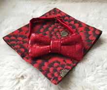 Load image into Gallery viewer, Red Sequin Bow Tie with Floral Pocket Square
