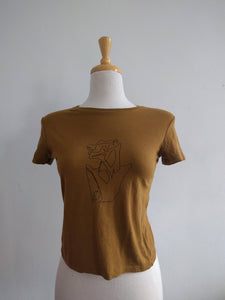 upcycled screen printed one of a kind mustard crop top, ‘oneline bust’ — small