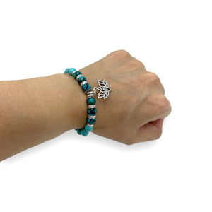 Turquoise and Blue Green Glass Beads with Silver Om Charm Mala Bracelet