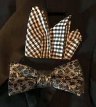Load image into Gallery viewer, Silver and Black Leopard Print Bow Tie with Gingham Pocket Square
