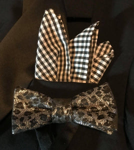 Silver and Black Leopard Print Bow Tie with Gingham Pocket Square