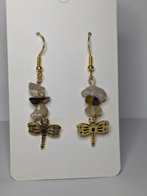 Load image into Gallery viewer, Beautiful Golden Dragon Fly Earrings with Genuine Tigers Eye and Citrine Gem Stones! Handmade!
