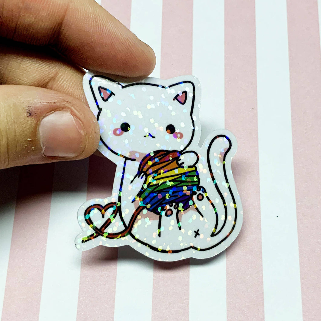 Holographic Pride Yarn Kitty Sticker