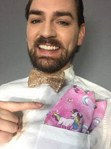 Gold Sequin Bow Tie with Unicorn Print Pocket Square