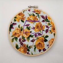 Load image into Gallery viewer, Hand Embroidered Blue and Yellow Floral Butt Art Hoop

