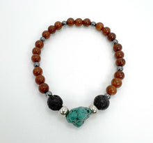 Load image into Gallery viewer, Rosewood, Hematite, Turquoise and Lava Beads with Silver Om Charm Mala Bracelet
