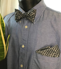 Load image into Gallery viewer, Grey and Black Leopard Print Bow Tie and Gingham Pocket Square

