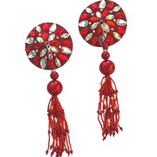 Load image into Gallery viewer, CHERRY BOMB Red Glitter &amp; Gem Nipple Pasties, Covers with Hand Beaded Tassels (2pcs) for Burlesque Lingerie Raves and Festivals
