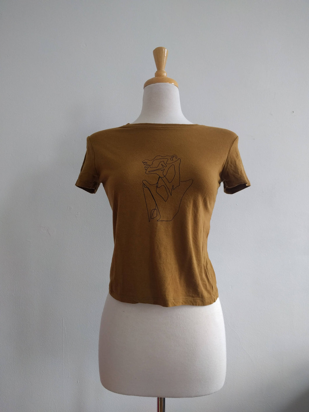 upcycled screen printed one of a kind mustard crop top, ‘oneline bust’ — small