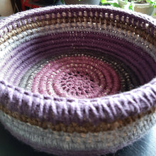 Load image into Gallery viewer, Crochet basket mauves khaki greys
