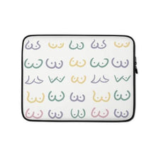 Load image into Gallery viewer, Colourful Boobies on White Background, Boobs Laptop Case, LGBTQ Gift, Boobie Lover Gift, Boobs Merch, Feminist Art, Boobs Gifts, 13 inch laptop case, 15 inch laptop case
