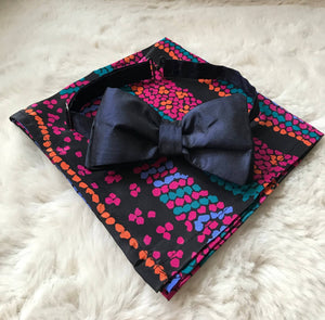 Navy Silk Bow Tie with 80&#39;s Graphic Pocket Square