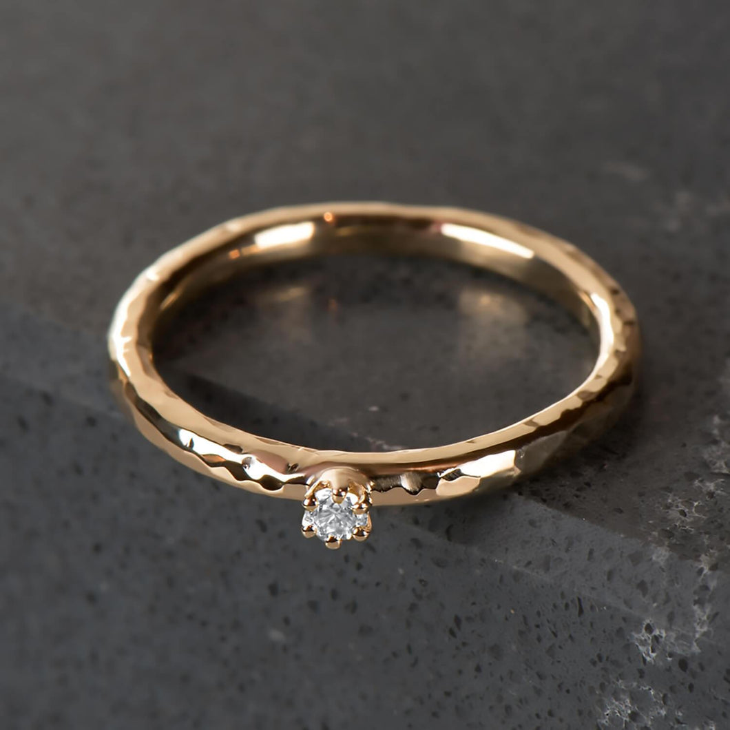 Recycled Diamond & Yellow Gold Hammer Finished Ring