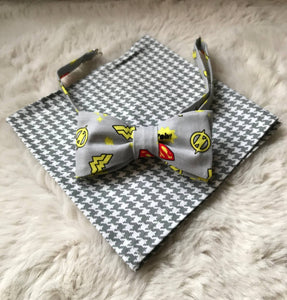 Justice League Logo Bow Tie with Houndstooth Pocket Square