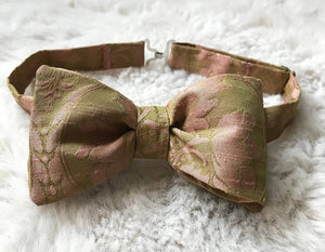 Pink Green Jacquard Bow Tie with Floral Pocket Square