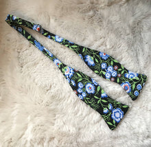 Load image into Gallery viewer, Black and Blue Floral Self-Tie Bow Tie and White Floral Pocket Square
