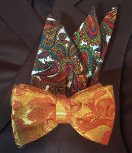 Golden Orange Brocade Bow Tie and Paisley Pocket Square