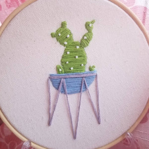 Hand embroidered succulent art hoop with bunny ear cactus in purple or green as a gift