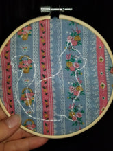 Load image into Gallery viewer, Floral hand embroidered fluffy cat silhouette with baskets of flowers hoop art for gifts
