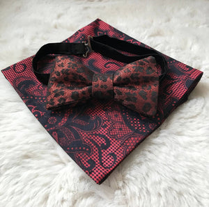 Red Leopard Print Bow Tie with Lace Print Pocket Square