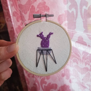Hand embroidered succulent art hoop with bunny ear cactus in purple or green as a gift